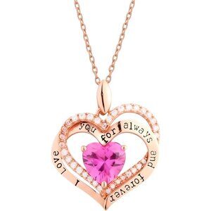 Sterling Silver Rose Gold Double Heart Pendant Ruby & CZ Necklace NWT